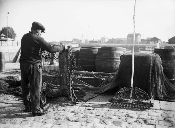 Mussel Fisherman Tyding Up His Nets Harbour Honfleur Around 1931 Old Photo