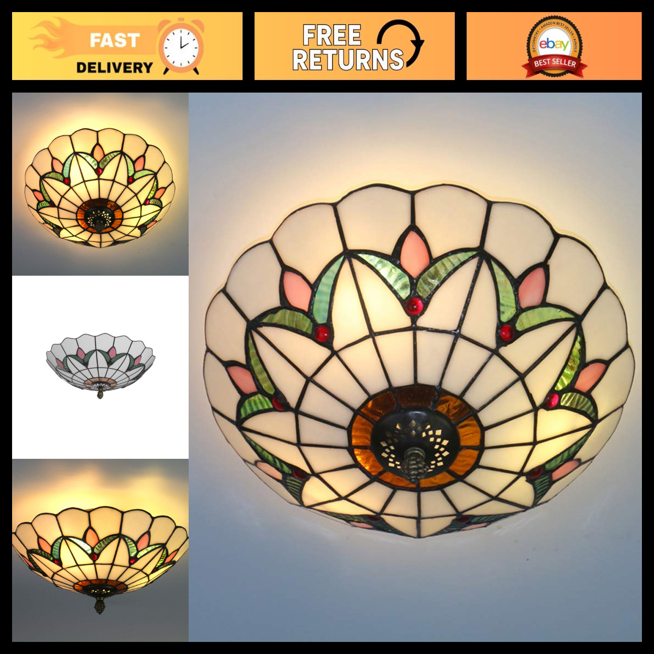 Vintage Tiffany Style Stained Glass Ceiling Light Fixture - 12\