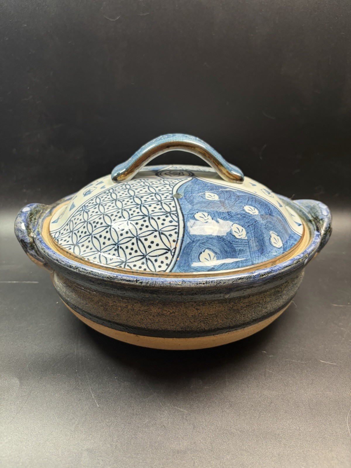 Japanese Donabe Clay Cooking Pot with Lid  Art Pottery Dish Blue White Design