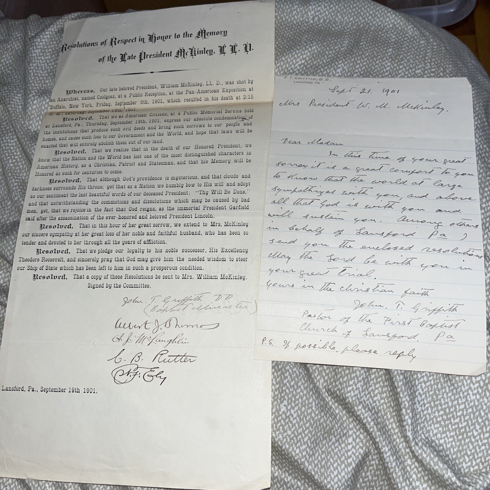 Antique Lansford PA Citizen Resolution: President William McKinley Assassination