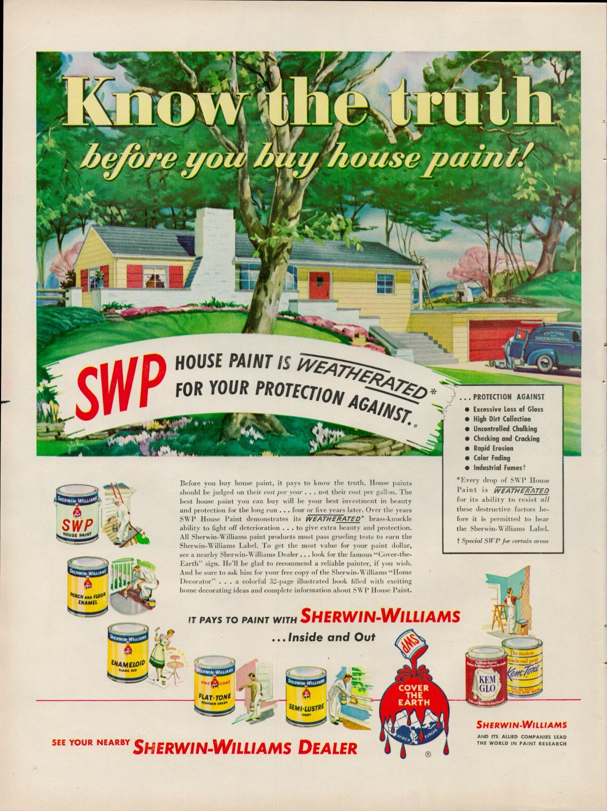 1950 House Home Paint Vintage Print Ad 50s SWP Sherwin William Brush Roller Deck