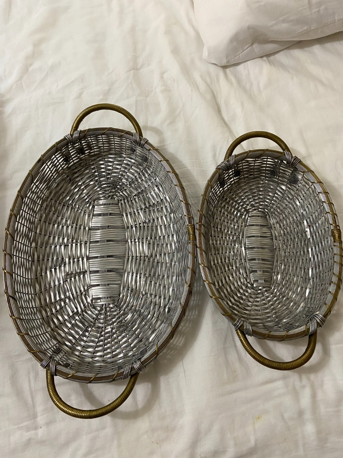 2 HUGE HANDLED VTG Oval Woven Aluminum Wire Basket Silver & gold Brass Rim