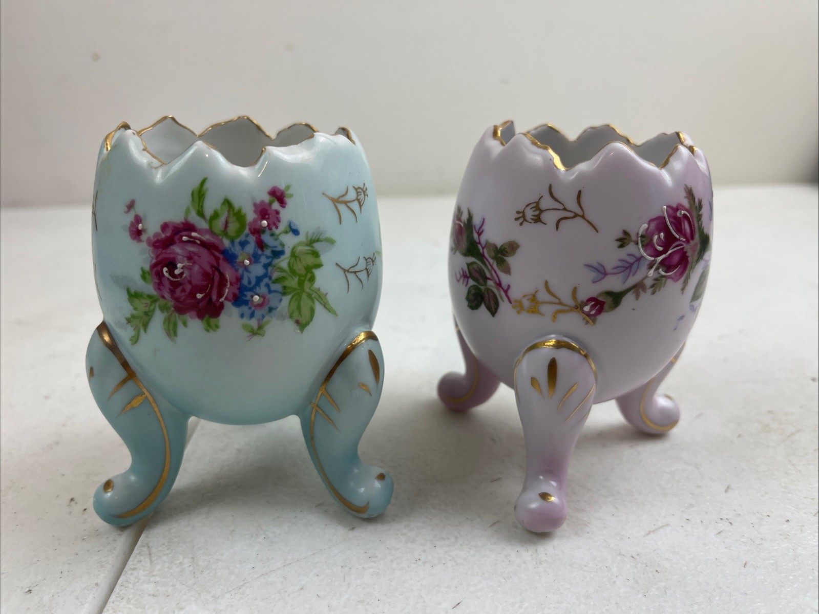 Vintage 1950\'s Napcoware Hand Painted Cracked Egg Vase, 3 legged Bundle Of 2