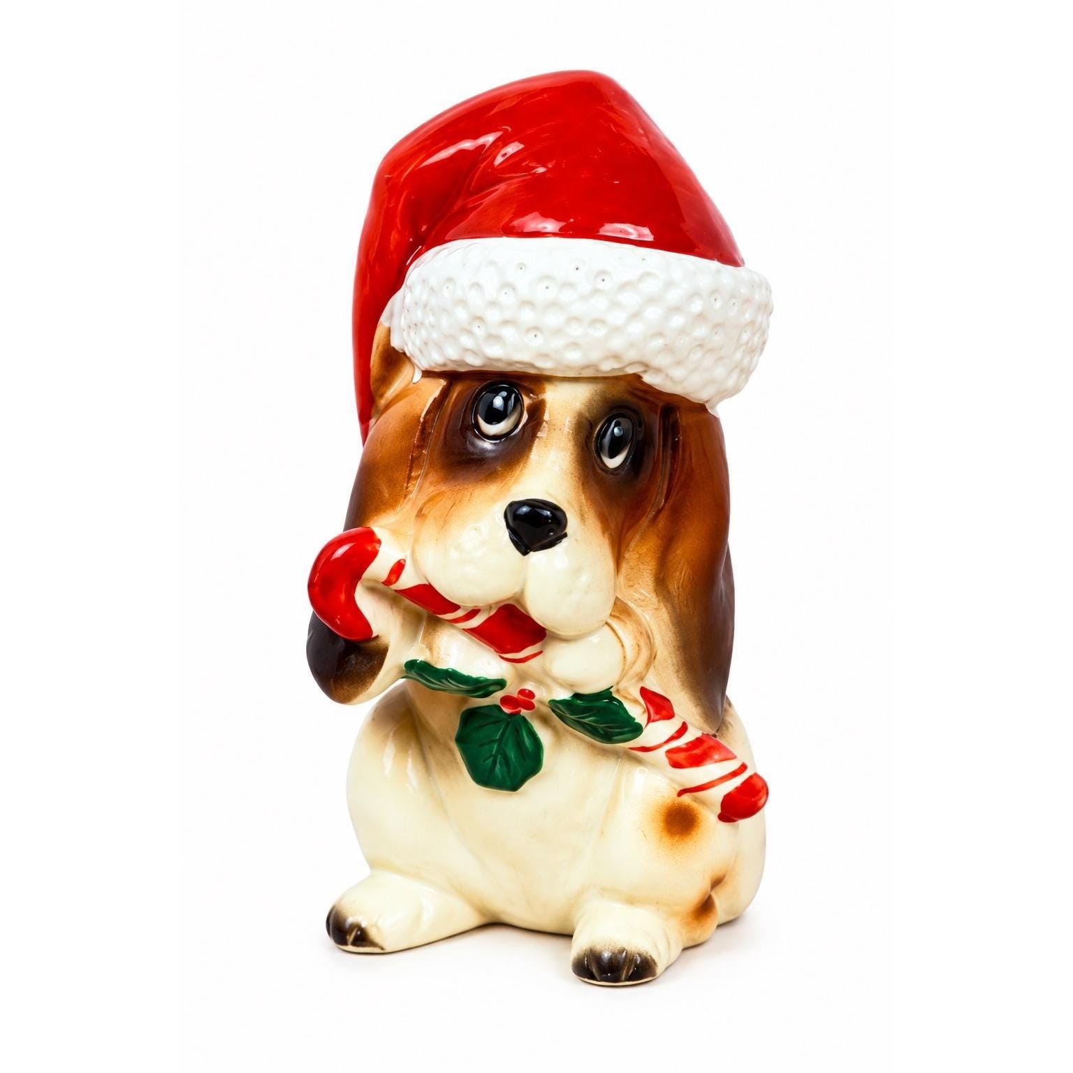 Vintage Lefton Ceramic Christmas Basset Hound Puppy Santa Hat Japan XH7069 4.25\