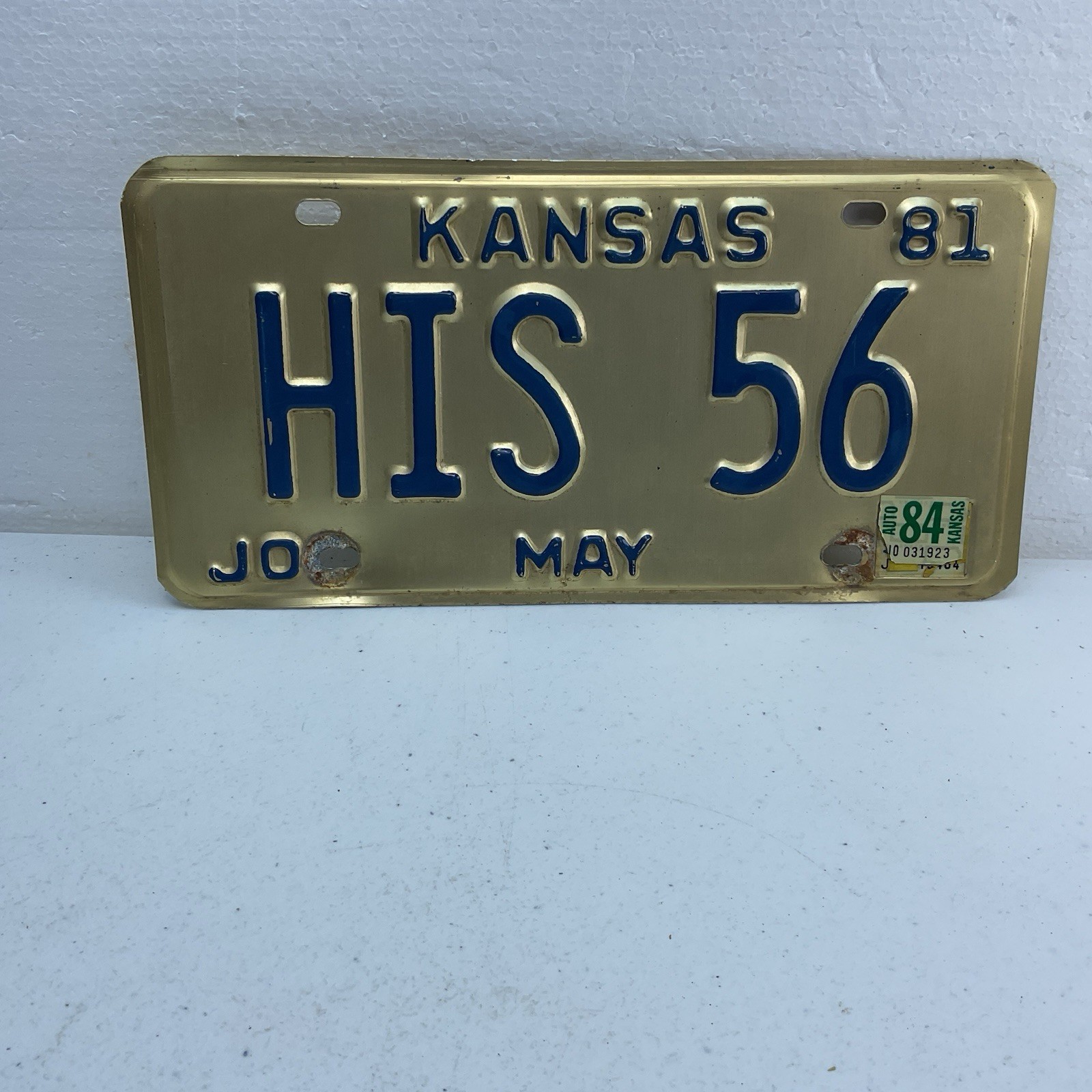 1981 Kansas Personalized Vanity License Plate Tag# HIS 56 ‘84 Sticker Chevy Ford