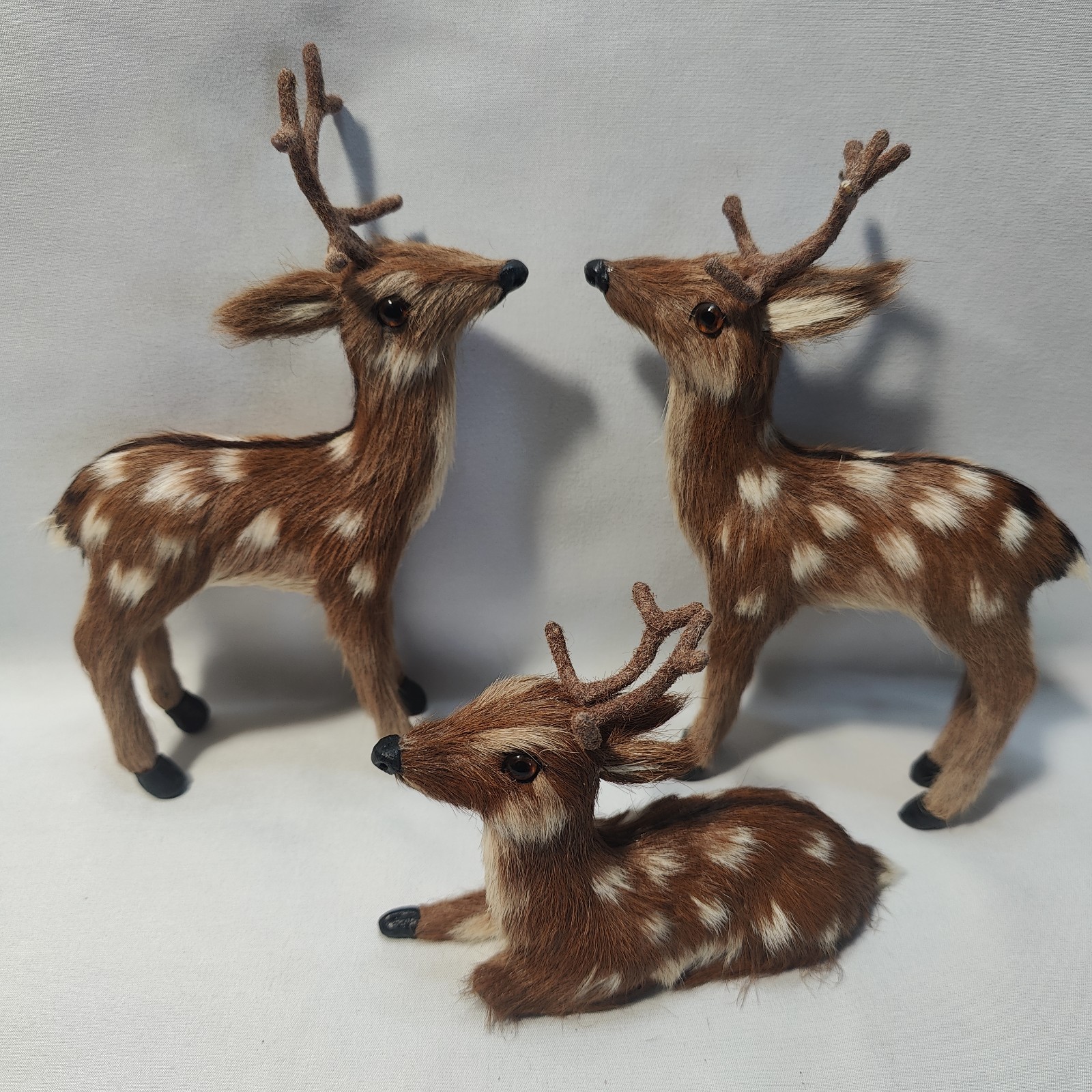 Set Of 3 Vintage Spotted White Tail Deer Figurines, Real Fur & Glass Eyes, ~9” Set Of 3 Vintage Spotted White Tail Deer Figurines, Real Fur & Glass Eyes, ~9”