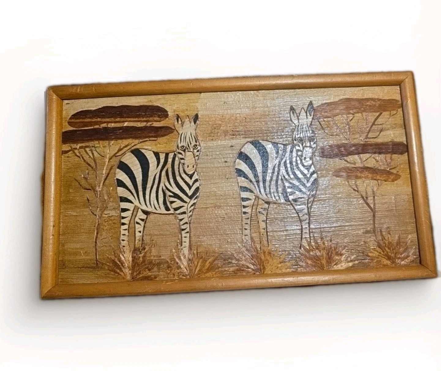 Vintage African Banana Leaf Mosaic Art Framed Zebra Folk Art Mid Century Kenya