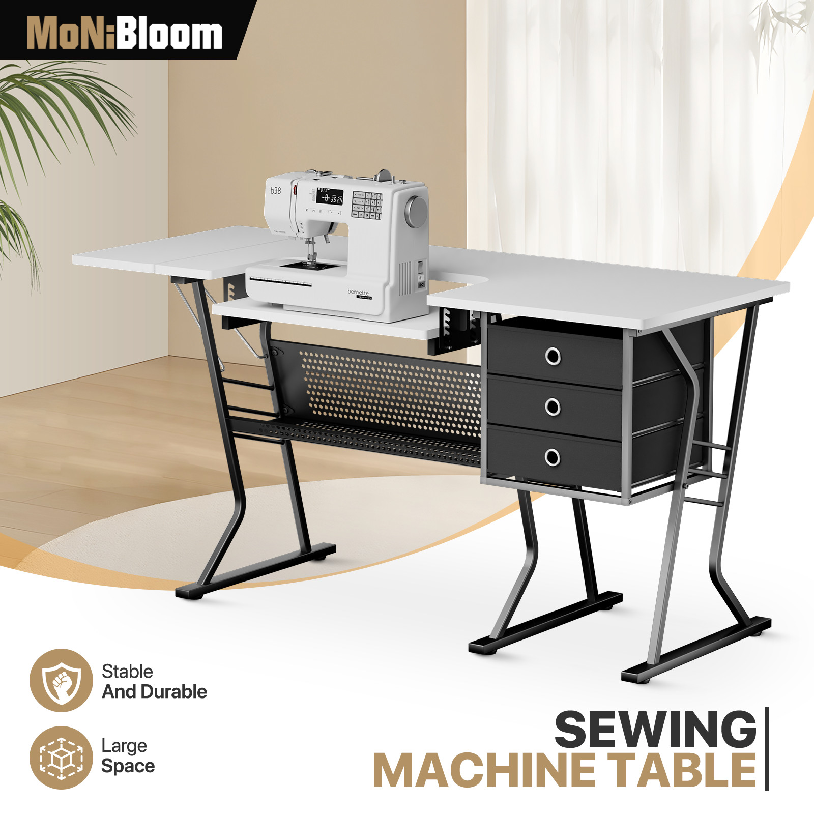 Folding Sewing Machine Table Adjustable Height Art Craft White w/Drawer Storage