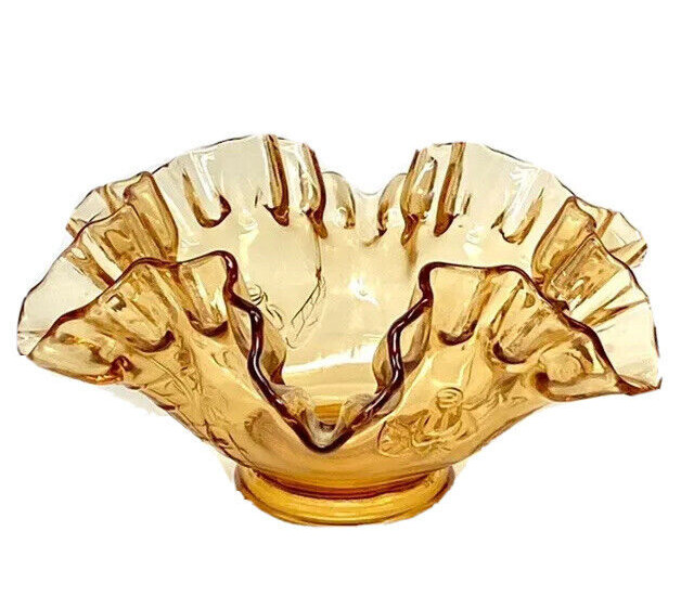 Westmoreland Glass Amber Chrystal Candy Dish Bowl Rose Ruffled Edge Glassware