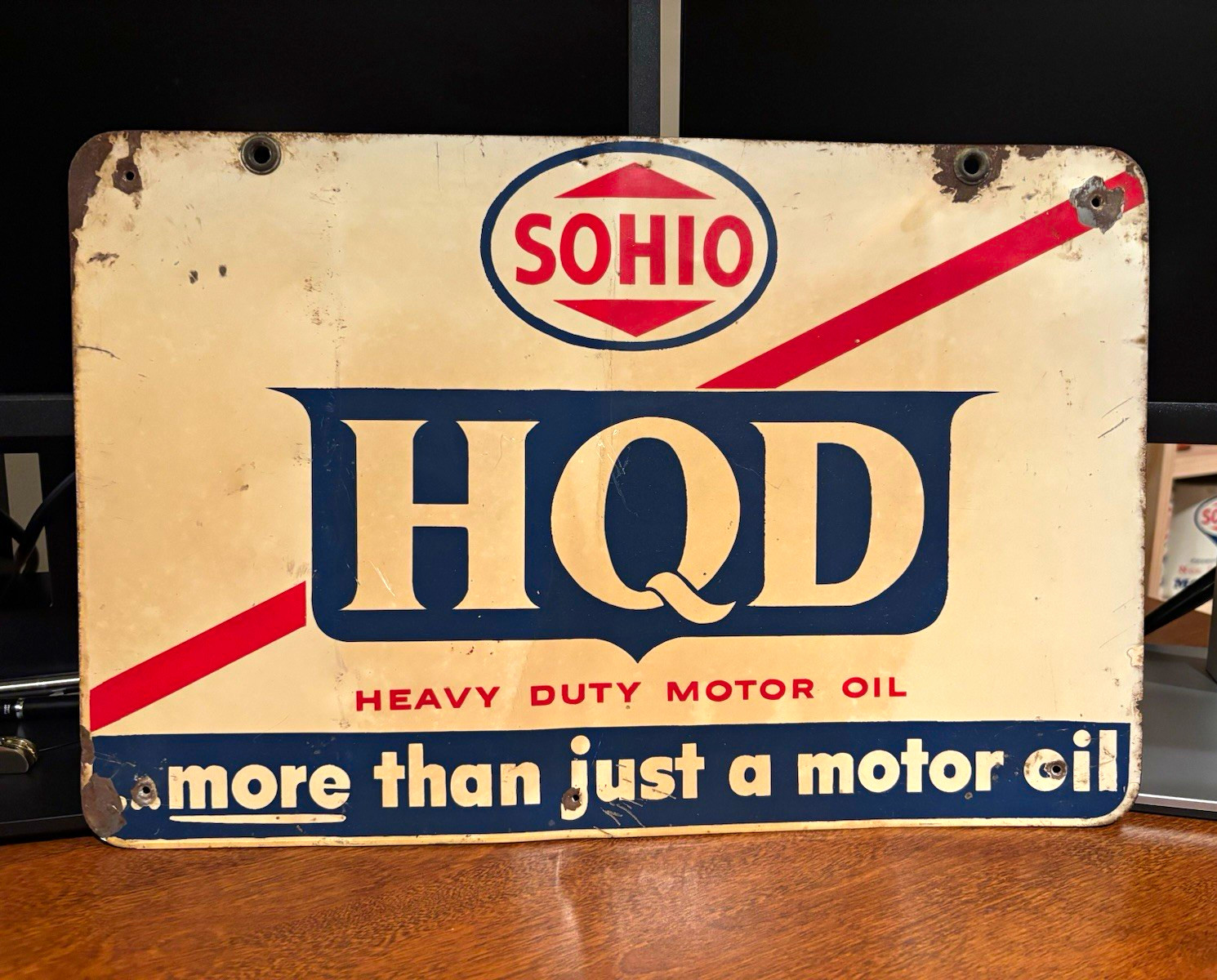 Sohio HQD HD Motor Oil Double Sided Porcelain Rack Topper Sign.  Size: 20” x 14”