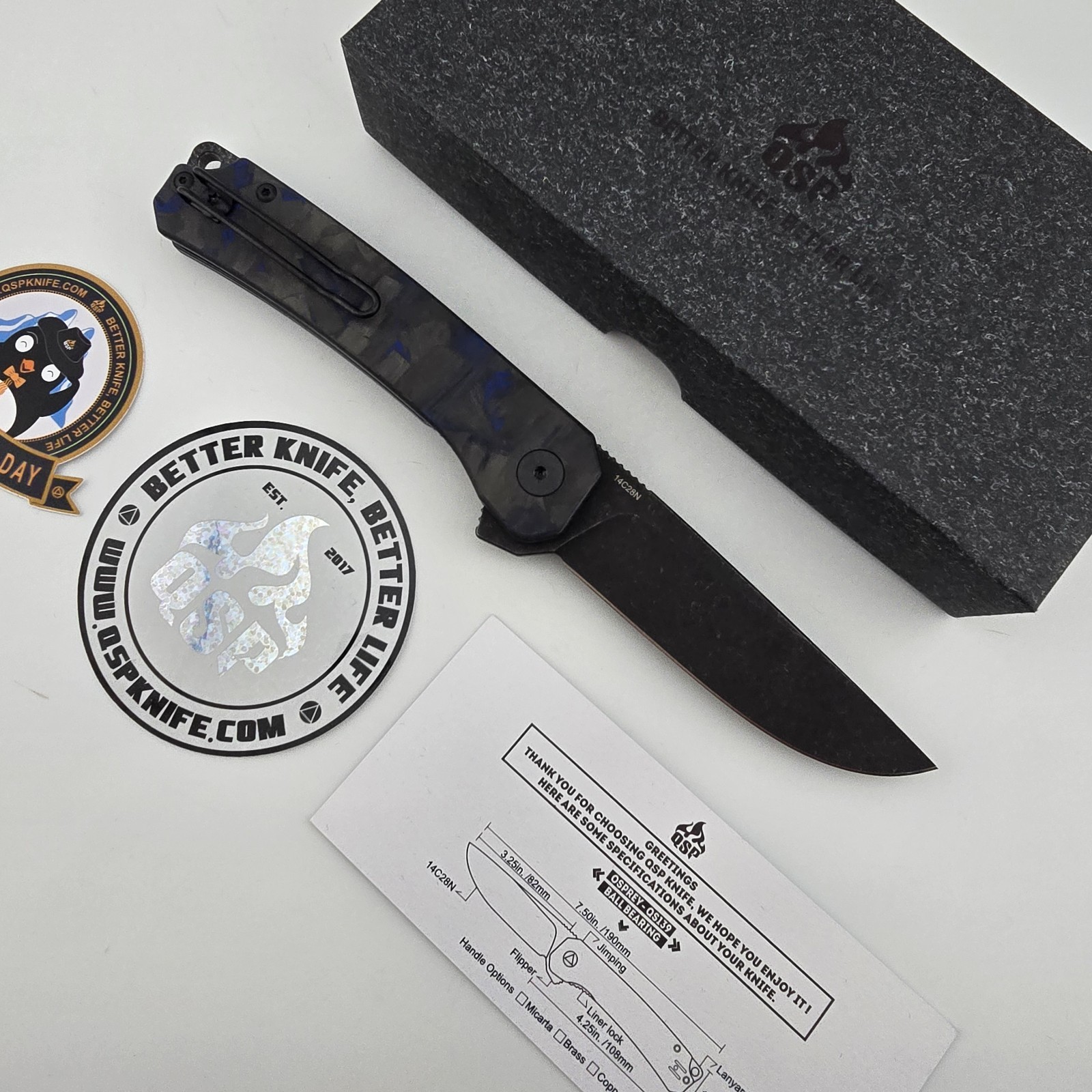 QSP Osprey Folding Knife Drop Point 14C28N Blue Carbon Fiber G10 QS139-G2