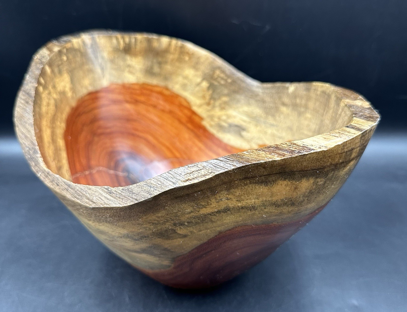 Handmade Turned Carved Wing Bowl Two Tone Live Edge Wooden Crotch Rustic CRACKED