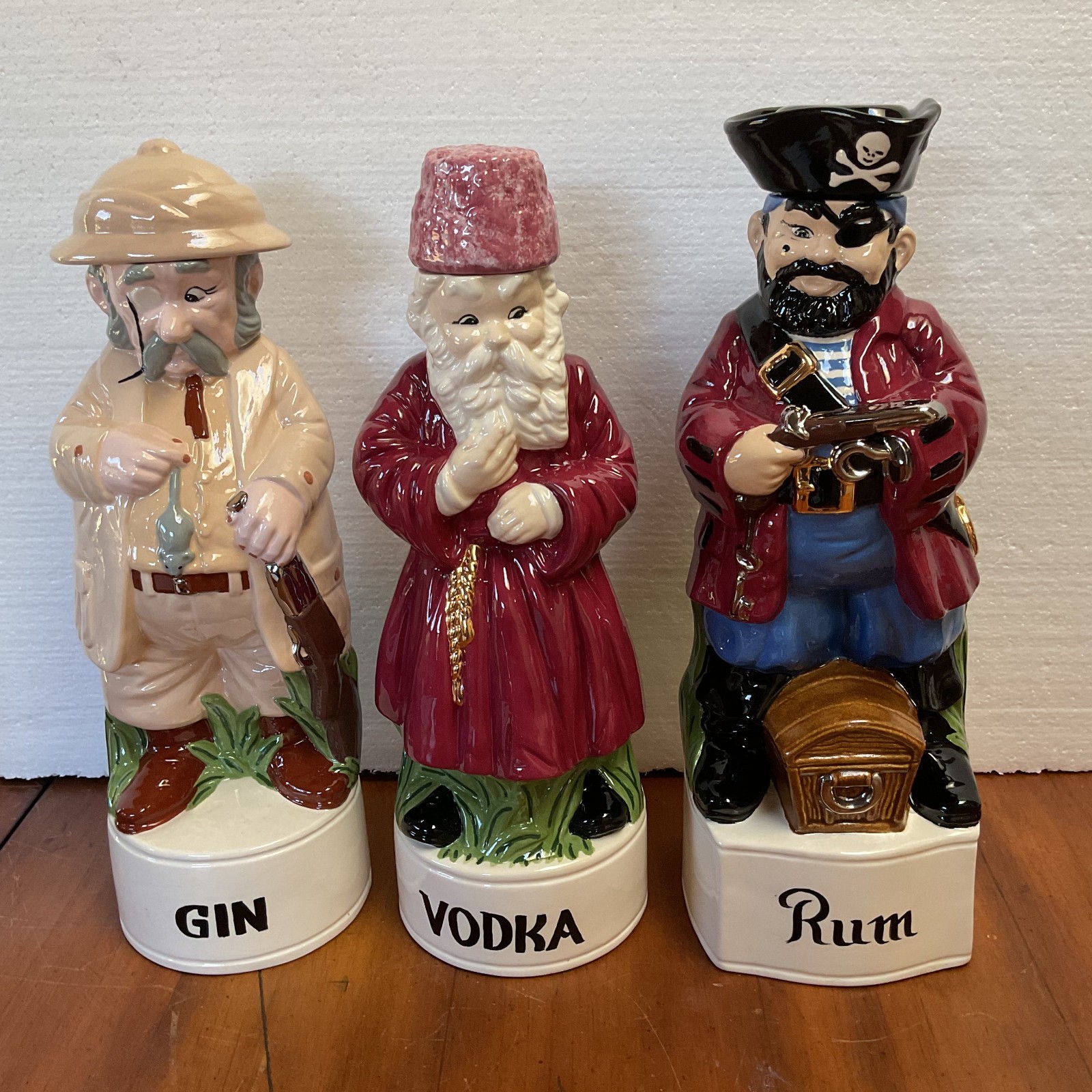Vintage Alberta\'s Molds Ceramic Decanters Lot 3 Gin Vodka Rum Figures 1960s