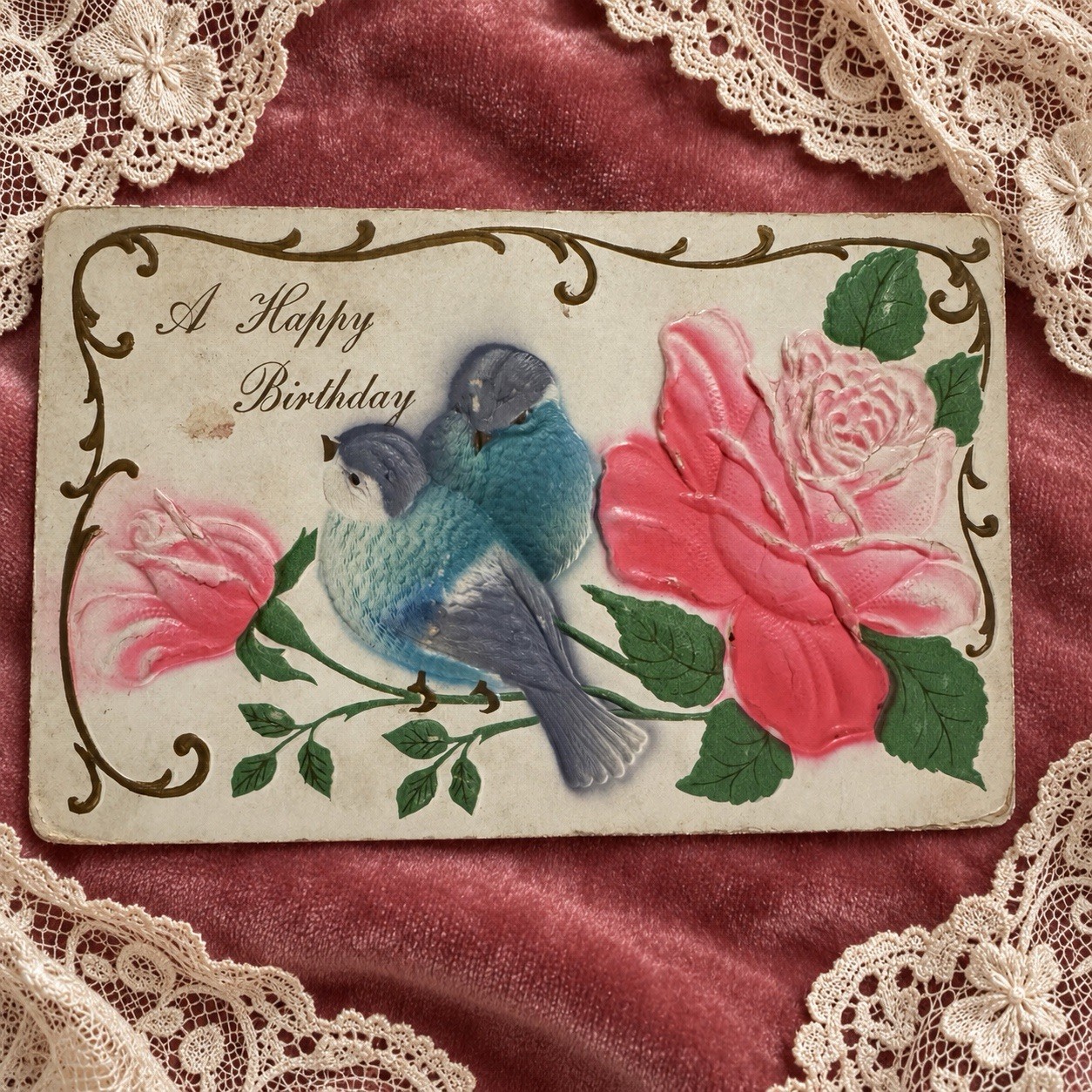 Antique Birthday Postcard Bluebirds Pink Roses Embossed Germany c1910