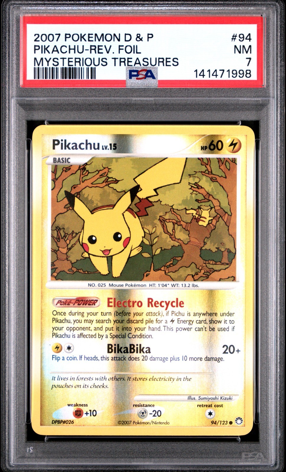 PSA 7 Pikachu 94/123 Mysterious Treasures Reverse Holo 2007 Pokemon Card