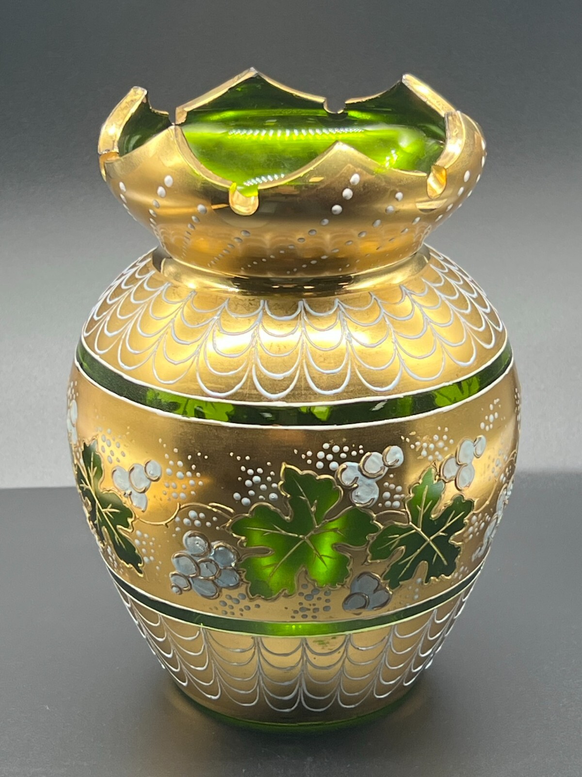 Fabulous Heavy Gold Bohemian Green Glass Vase
