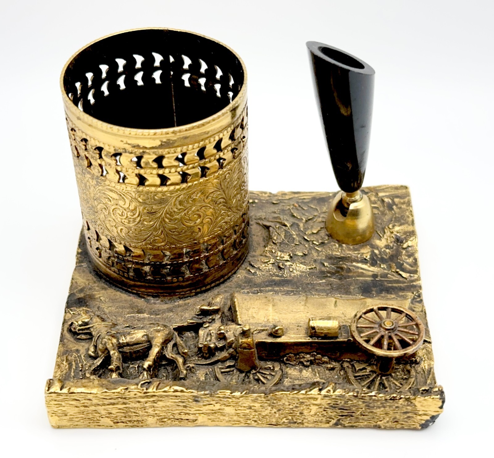 VINTAGE Gresco Gilded Desk Pen & Ink Holder - Western Wagon Train Theme READ