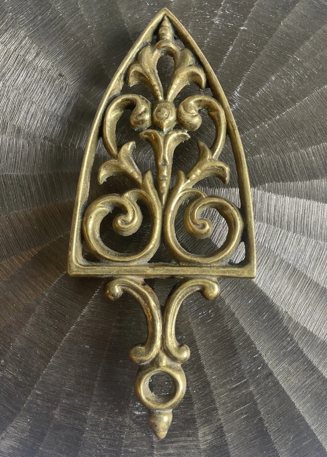 Antique Vintage Small Footed Solid Brass Scroll Work Iron Trivet