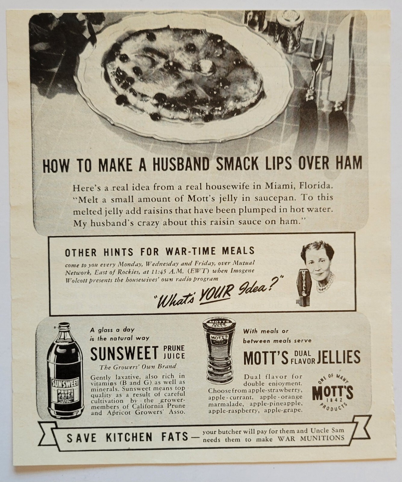1943 Mott\'s Raisin Sauce on Ham Jellies Prune Juice Ad 5.25\