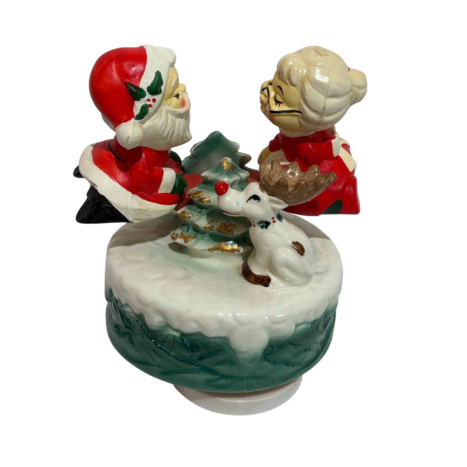 Vintage Lunds Lites Santa & Mrs Claus Seesaw Christmas Decor Music Box Reindeer