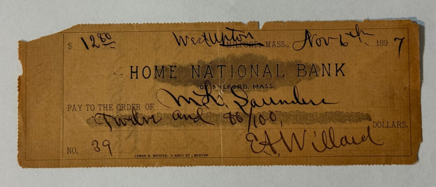 Vintage 1897 -  RARE check from Home National Bank of Milford, Mass (Boston, MA)
