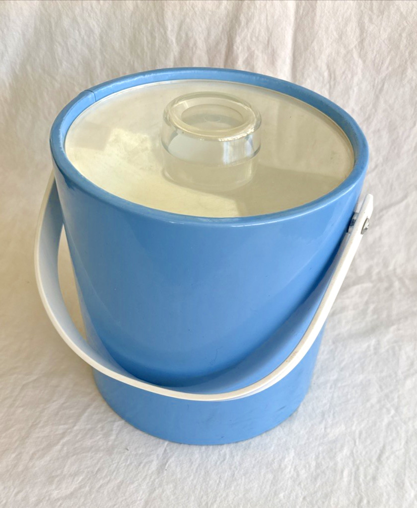 Vintage MCM Lite Blue Ice Bucket With Lucite Lid & Handle Mid Century Modern