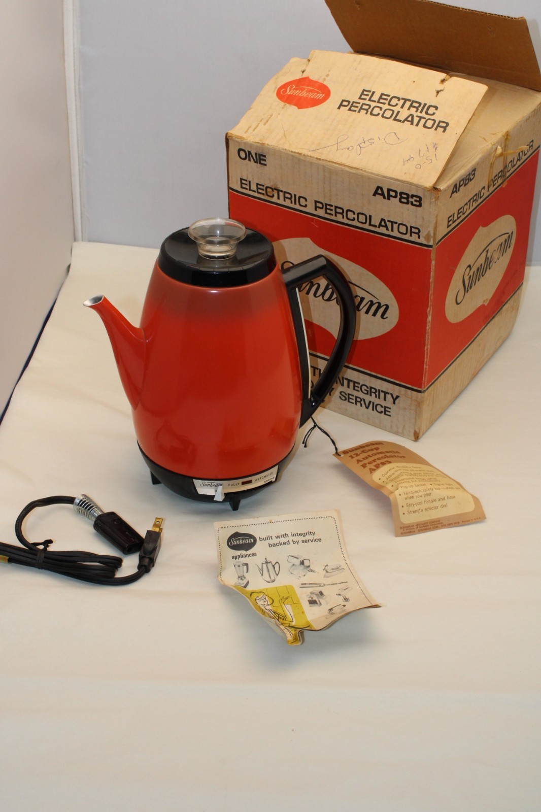 NEW in Box Vintage Sunbeam AP83 Red Coffee Percolator UNUSED STORE DISPLAY MODEL
