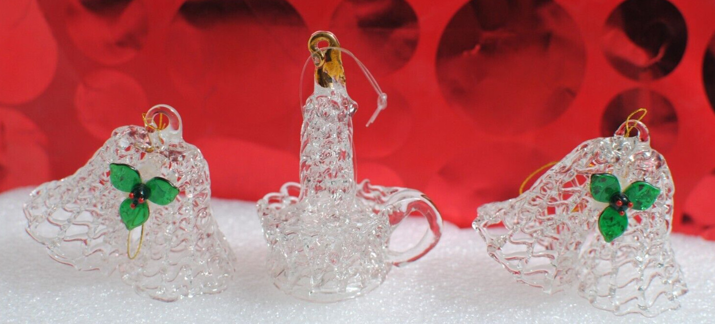 Vintage Lot of 3 Spun Glass Bells and Candlestick Christmas Ornaments