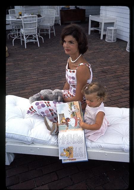 Jacqueline Kennedy Caroline Kennedy 1960s Reading on Patio with Teddy Bear