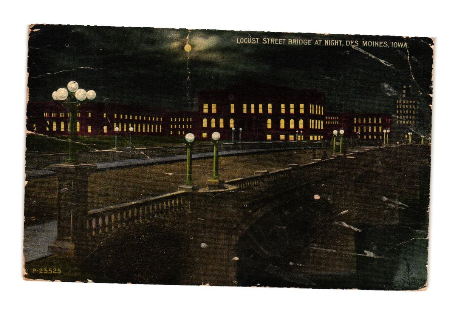 Vintage Locust Street Bridge Night Postcard Des Moines Iowa 1915