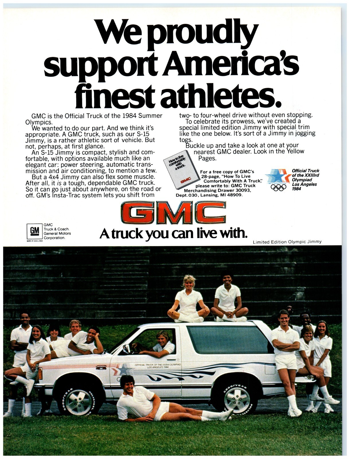 1984 GMC Print Ad, Proudly Support America\'s Olympic Athletes LA Jimmy Truck