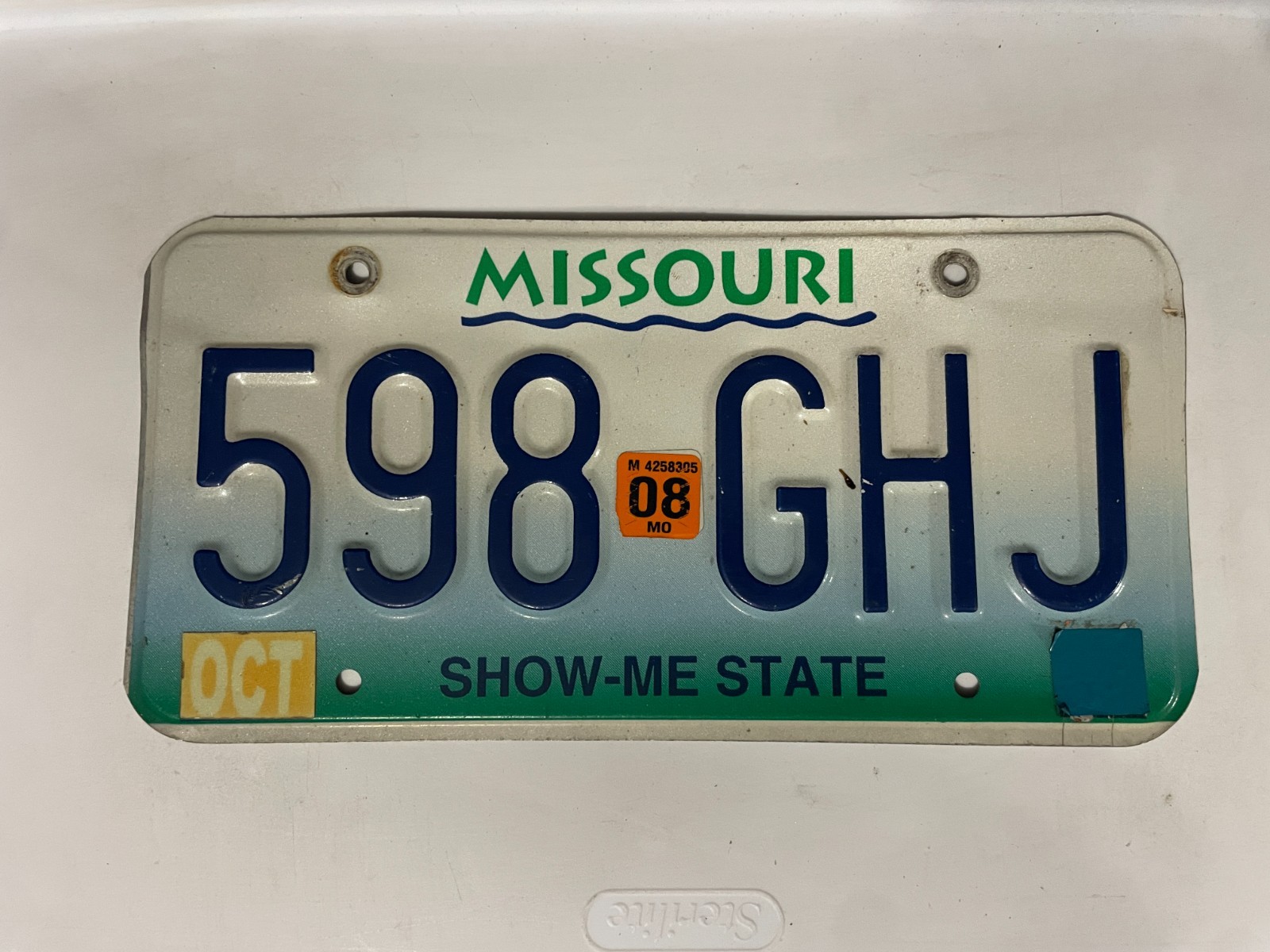 2008 Missouri License Plate 08 October 598 GHJ