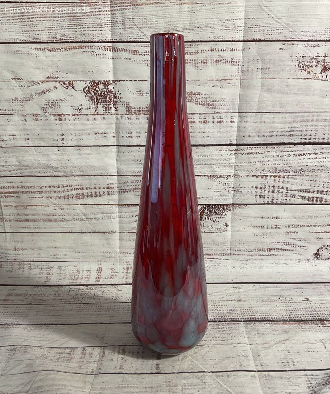 Vintage Murano Art Style Grey & Red Hand Blown Long Vase 15.5\