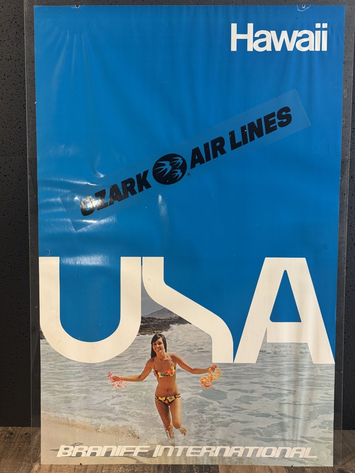 Vintage 1970s Braniff Hawaii Travel Poster Ozark Air Lines Display Frame