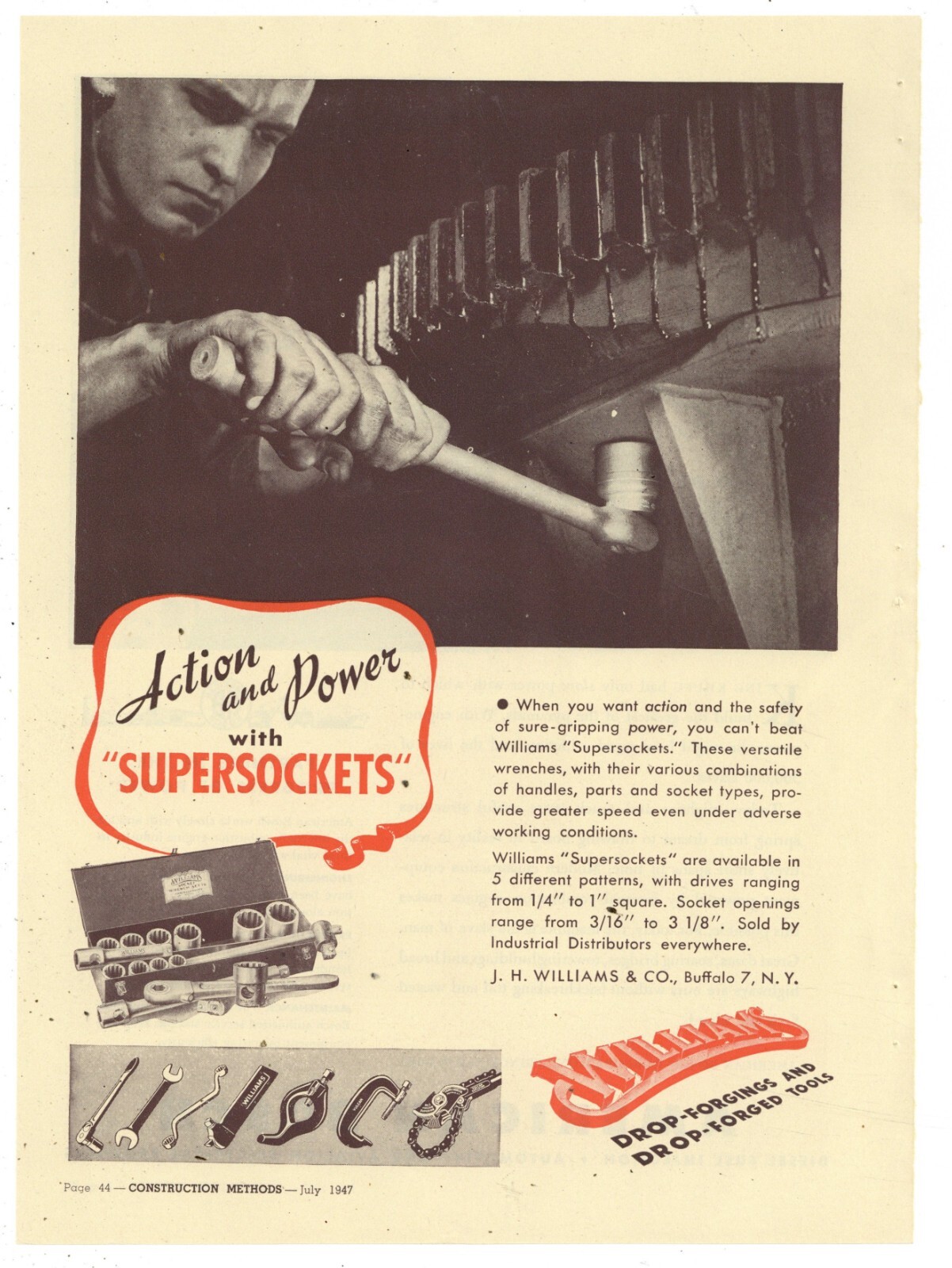 1947 J.H. Williams & Co. Ad: Williams Supersocket Wrench Set - Buffalo, New York
