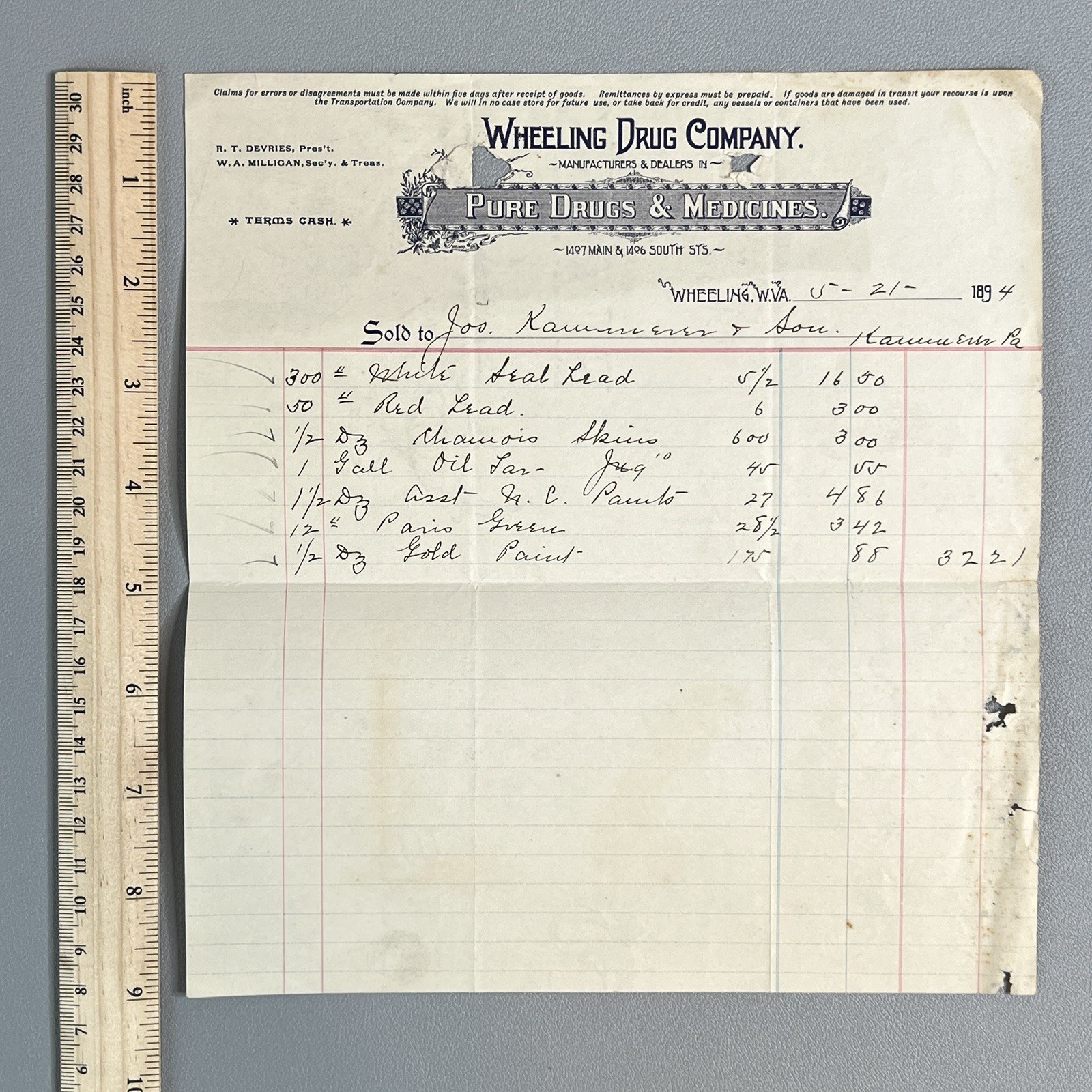Vtg 1894 Billhead Invoice Wheeling Drug Company WV Pure Drugs Paris Green Paint