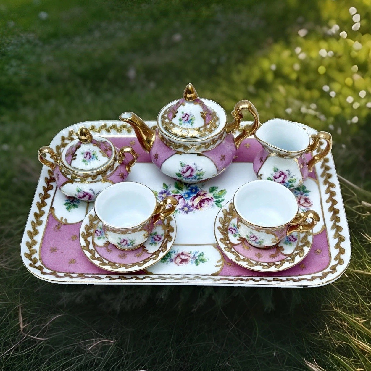 NORITAKE A SEVRE DECOR MINIATURE TEA SET 10pc PINK ROSES GOLD GILT POT SUGAR CUP