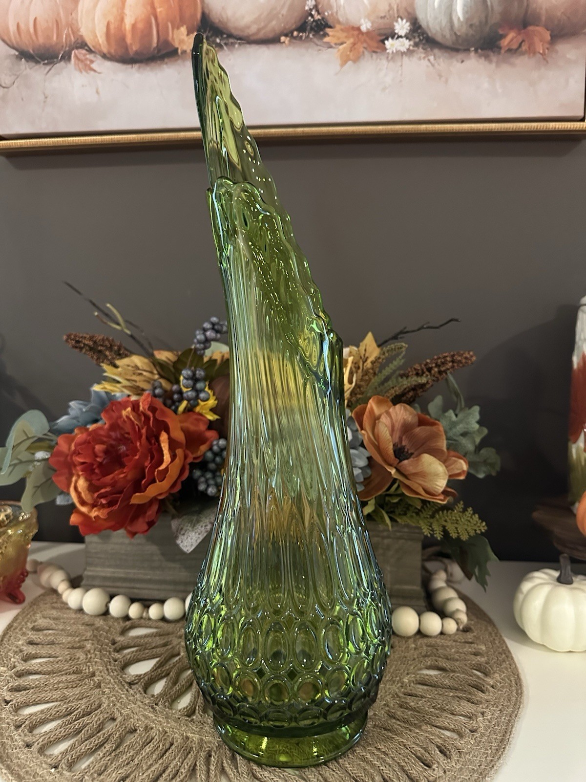 Vintage mid-century 16 inch avocado green LE Smith pedestal swim vase.