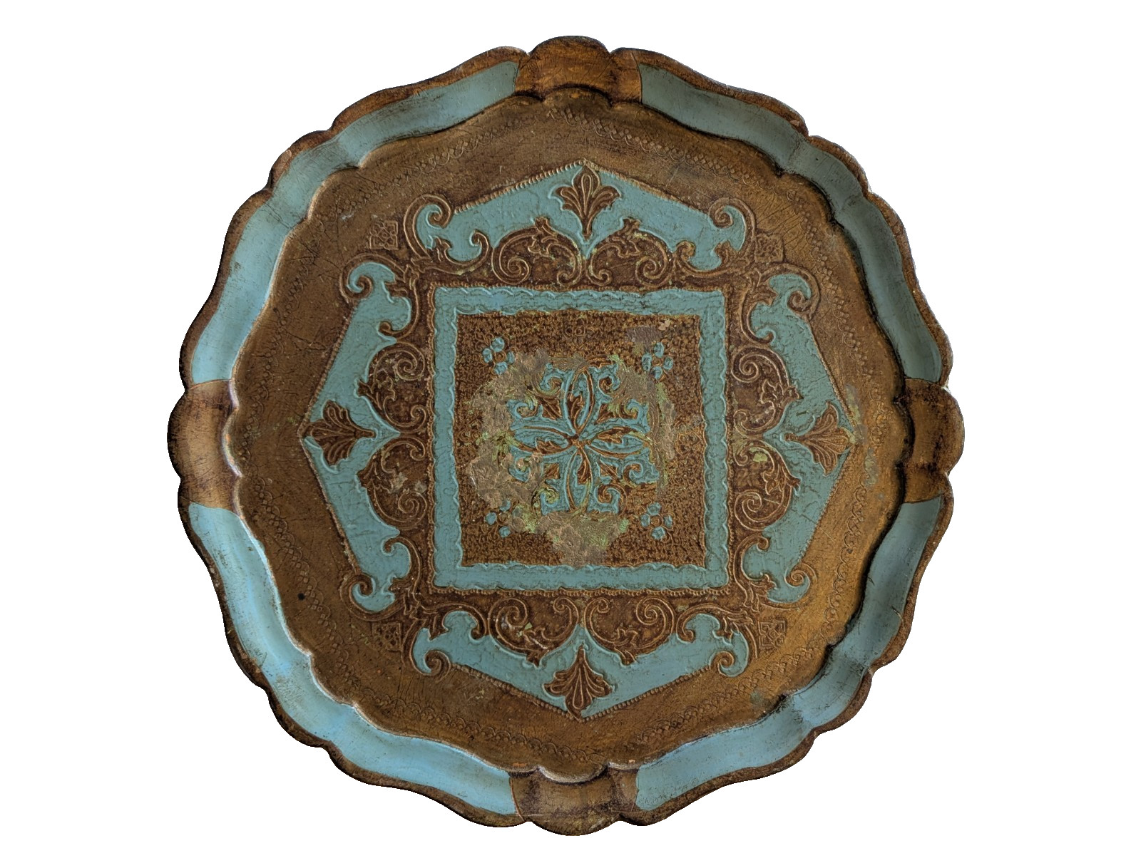 Vintage Italian Florentine Wood Tray Turquoise Gold Gilt Scalloped 15
