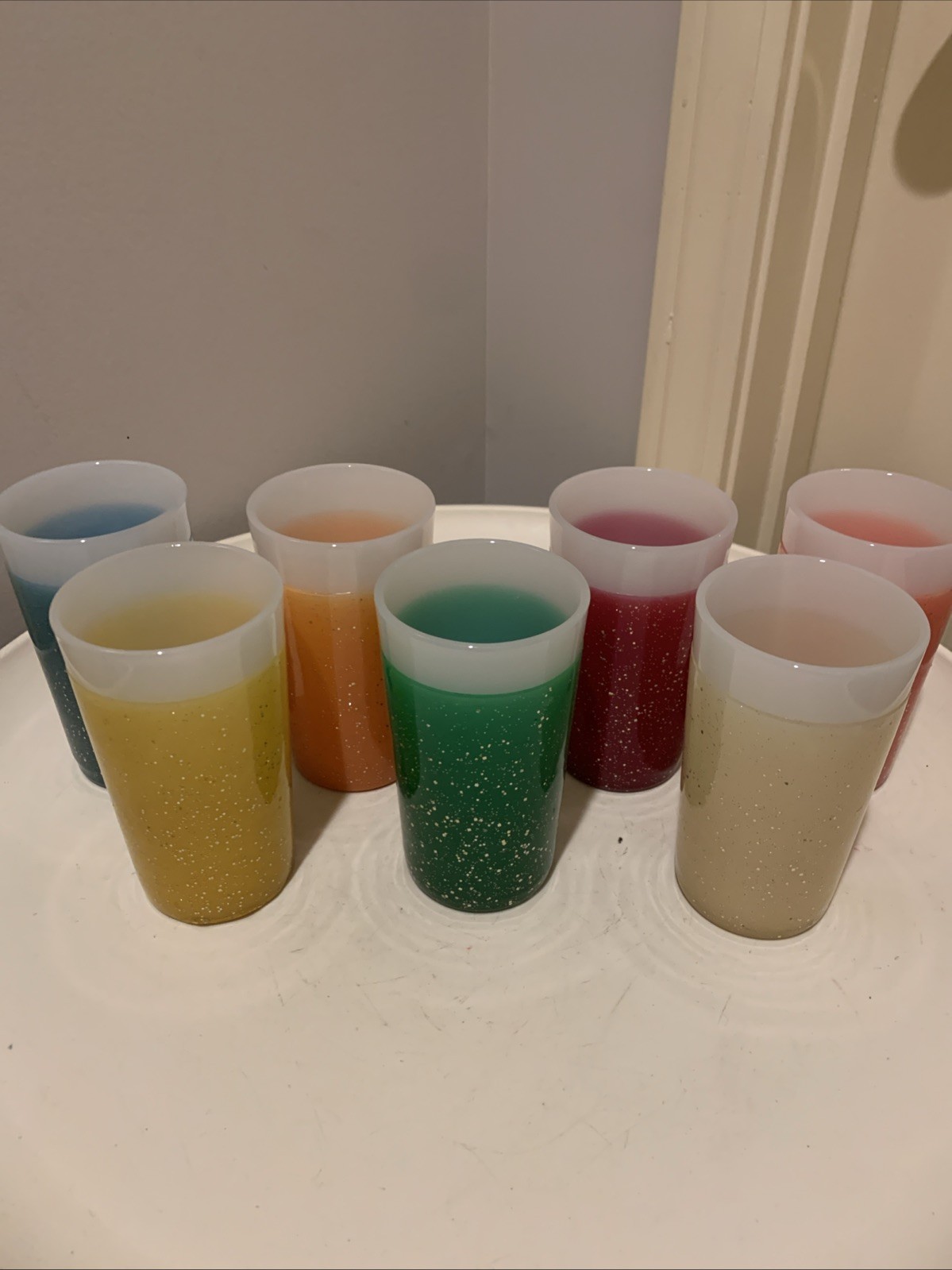 VTG Fire King Glamalite Glasses Tumblers Milk Glass MCM Glitter Set of 7 Cups VTG Fire King Glamalite Glasses Tumblers Milk Glass MCM Glitter Set of 7 Cups
