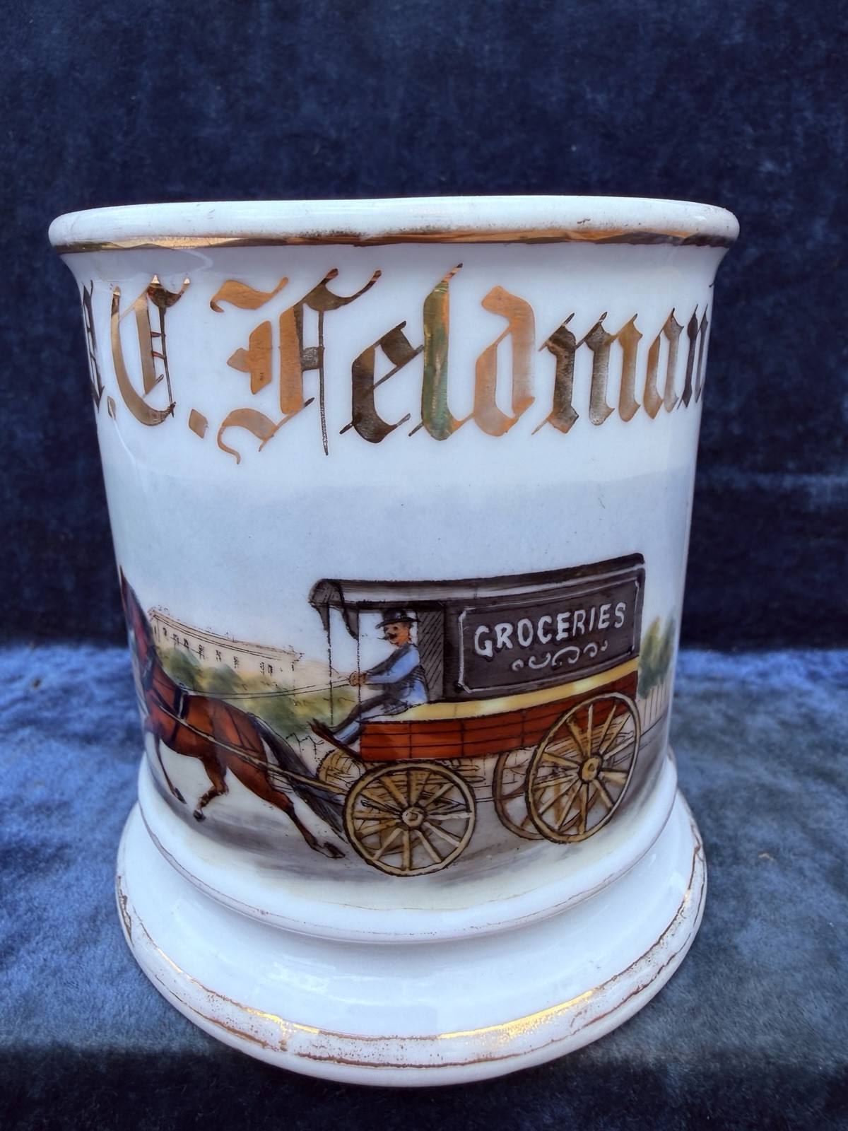 Occupational Shaving Mug, Horse Drawn Groceries Wagon
