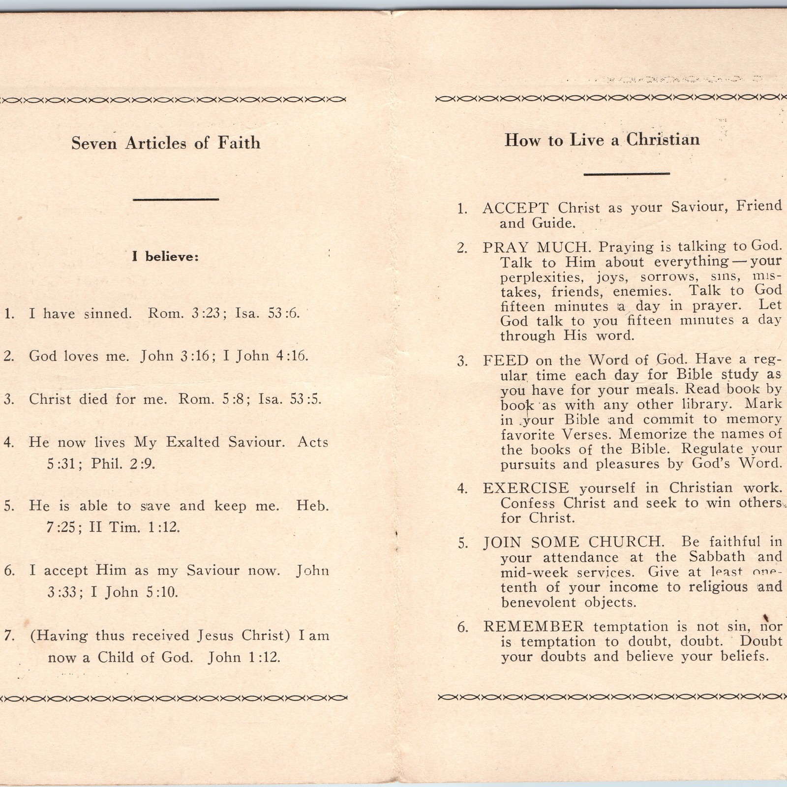 c1940s Christian Church Seven Articles of Faith Prayer Guide Religious Card 7B
