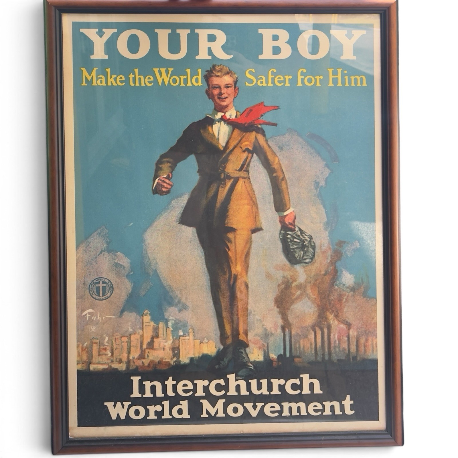 Original 1920 Your Boy Interchurch World Movement Lithograph Framed Poster Fuhr