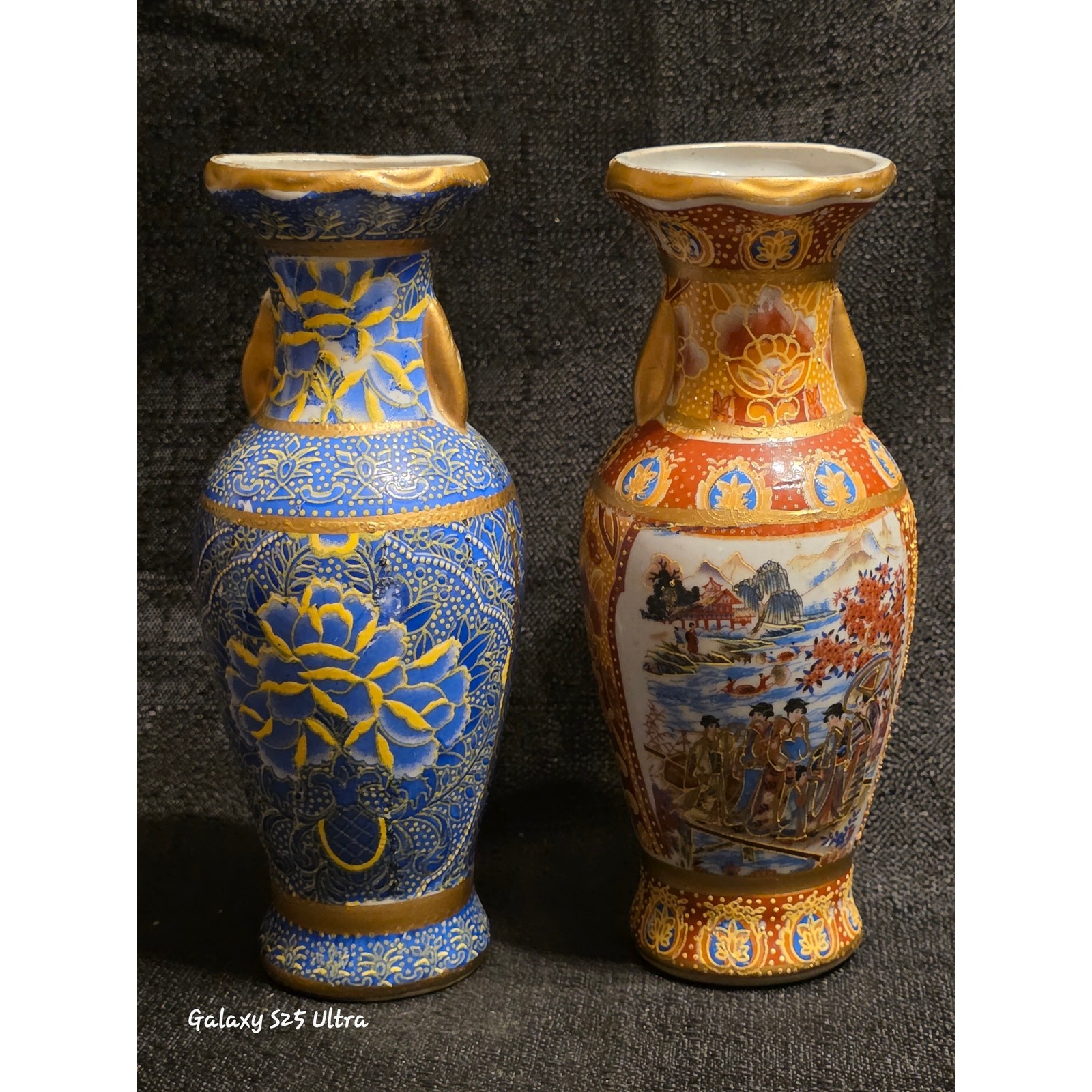 Vintage Chinese Satsuma Style Porcelain Vases Gold Moriage Pair Made in China