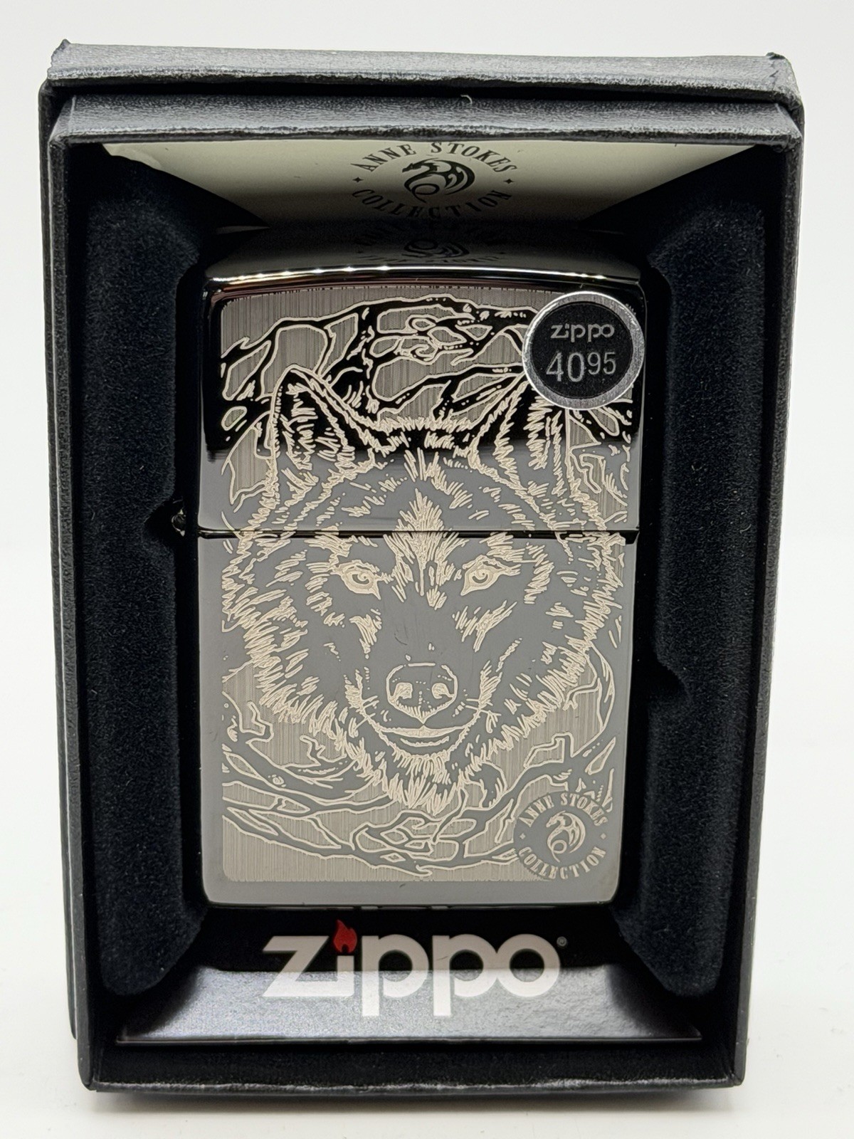 Wolf Anne Stokes 49443 Engraved High Polish Black Ice 2021 Zippo Lighter New Wolf Anne Stokes 49443 Engraved High Polish Black Ice 2021 Zippo Lighter New