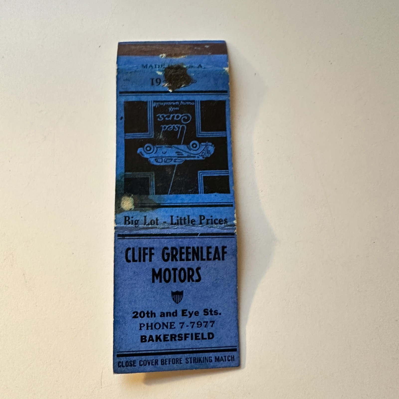Cliff Greenleaf Motors Bakersfield CA Vintage Matchbook Cover 5MB125-4 Cliff Greenleaf Motors Bakersfield CA Vintage Matchbook Cover 5MB125-4