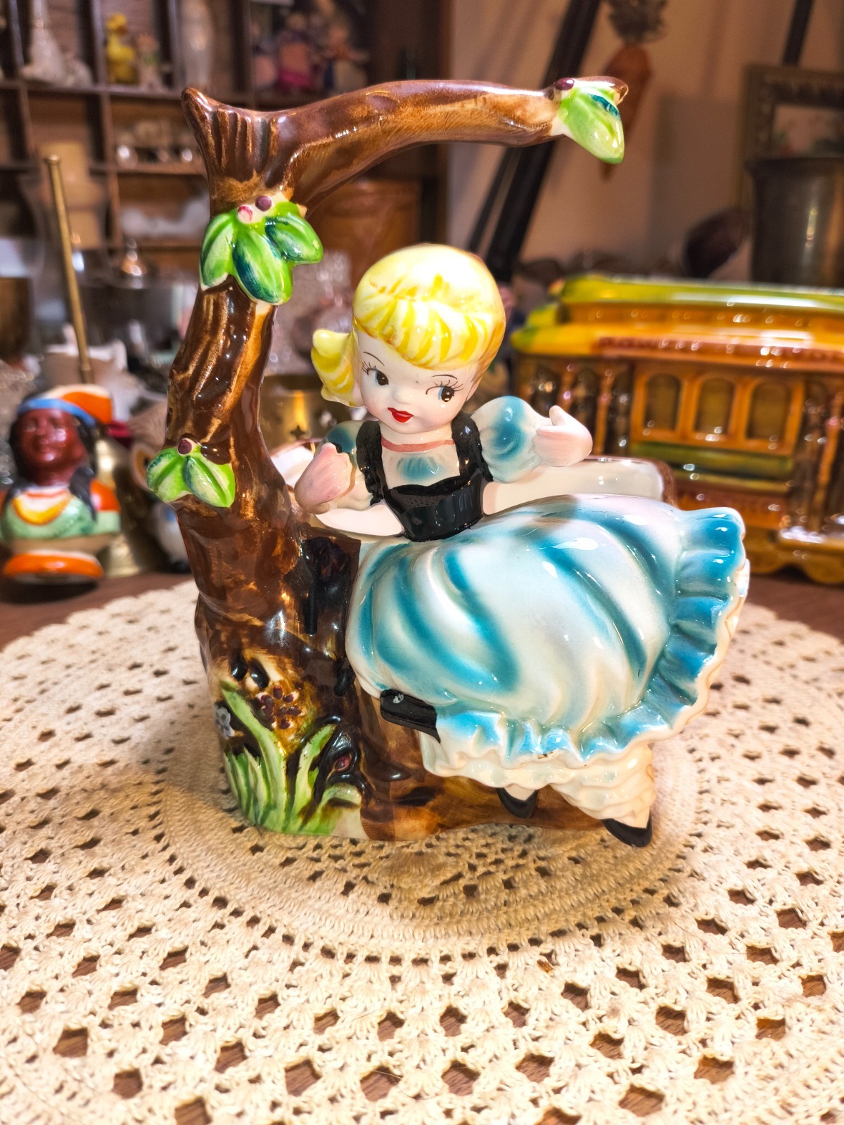 Vintage Ruebens Originals Girl On a Swing Ceramic Planter 1950s Kitsch Japan