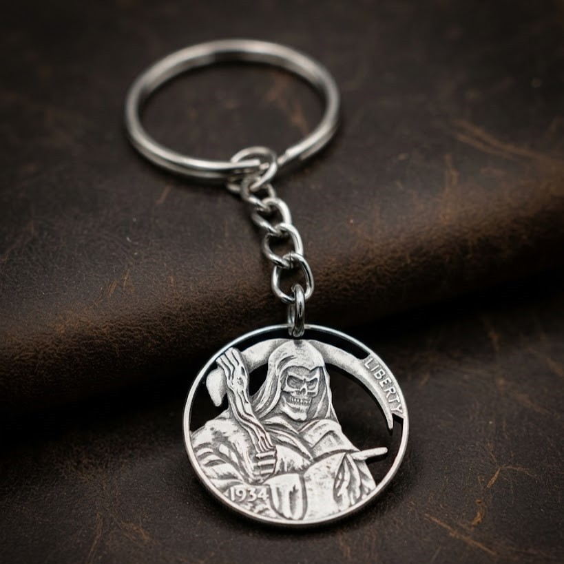 1934 Hobo Nickel Cut Coin Keychain The Angel Of Death Custom American US Art