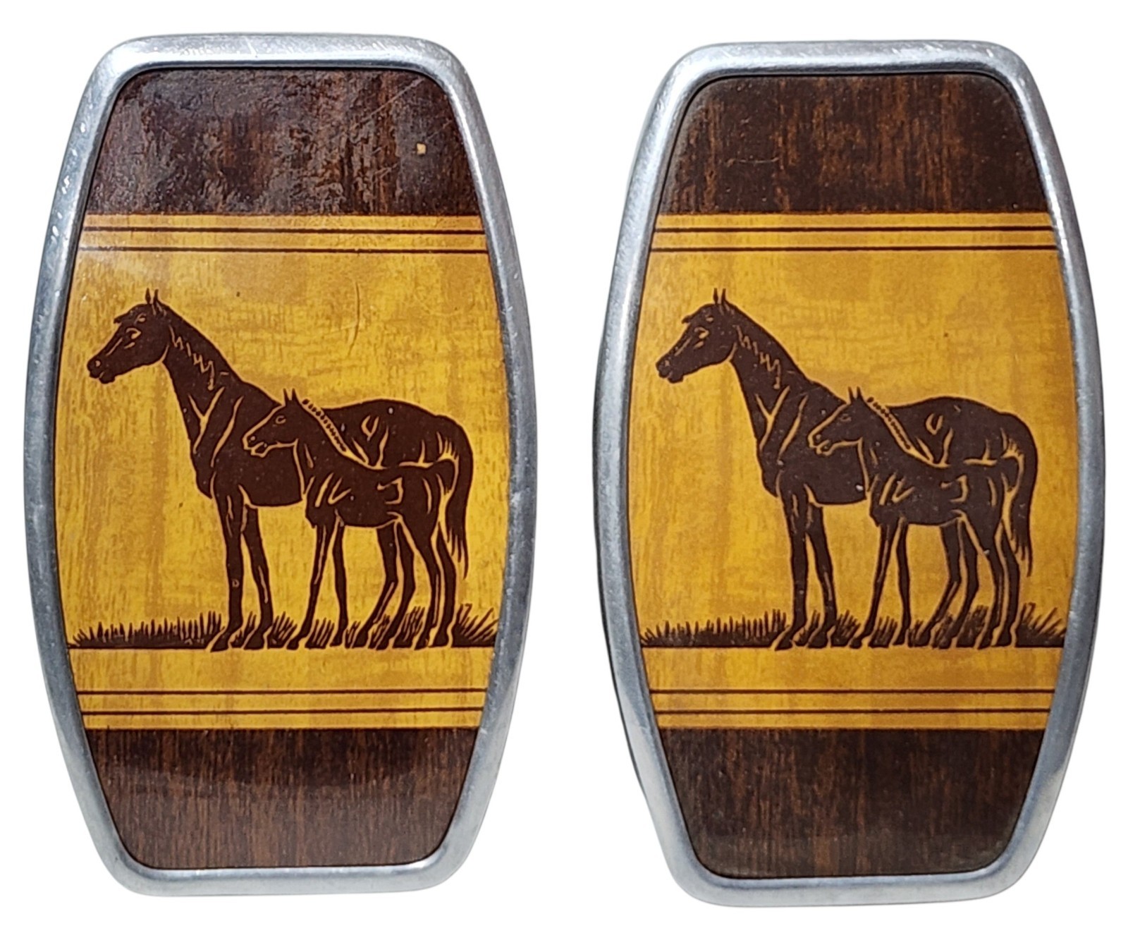 Vtg Western Equestrian Brushes Set of 2 Aluminum Metal Frame Faux Wood Horse