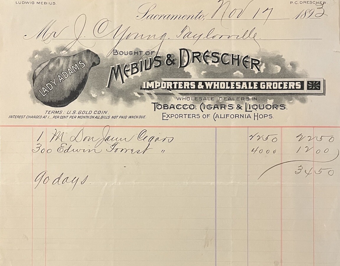 Lady Adams Cigars, Sacramento, Cal Letter Head Bill 1893- Don Juan Cigars